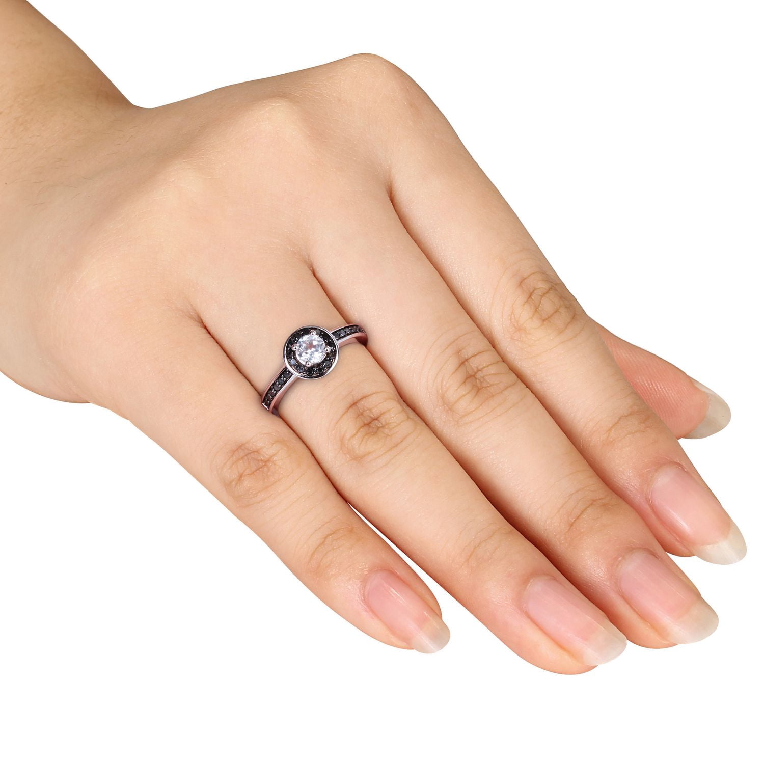 Miadora 0.50 Carat T.G.W. Created White Sapphire and 0.25 Carat T.W. Black Diamond 10 K White Gold Halo Engagement Ring