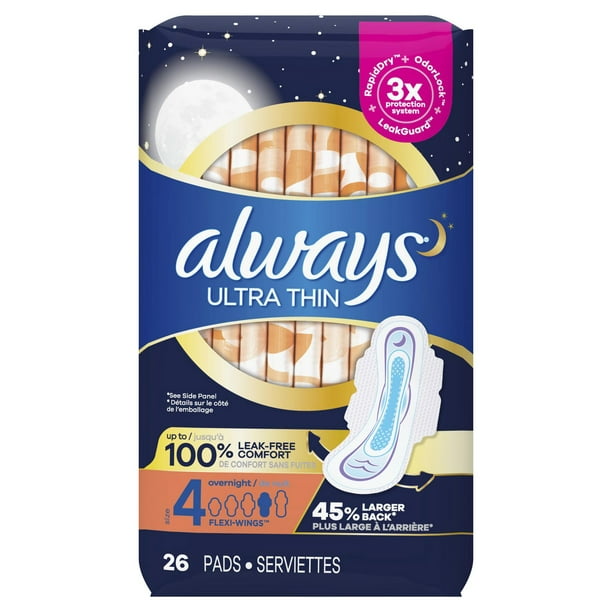 Always Ultra Thin, Size 5, Extra Heavy Overnight Pads With Wings, Unscented  Jumbo, 34 Ea 