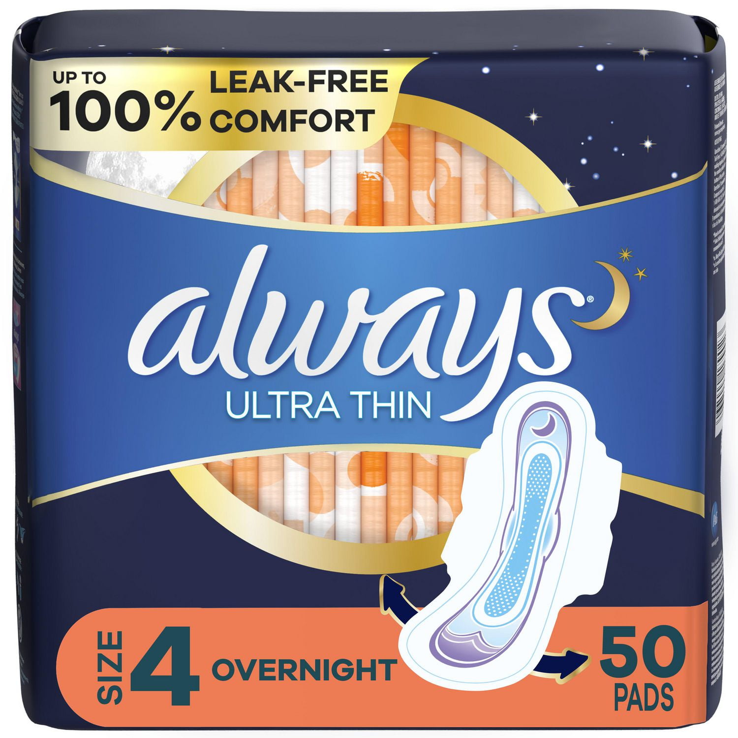 Always Ultra Thin Pads Size 4 Overnight Absorbency Unscented With Wings, 36  Count