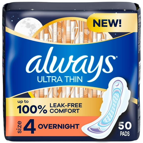 Always Ultra Thin Overnight Pads, Size 4, Overnight, Unscented, 50CT