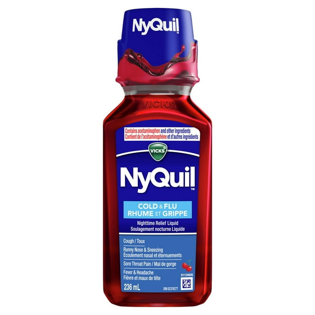 Vicks NyQuil Cold and Flu Symptom Relief Cherry Flavoured Liquid Medicine, Multi-Symptom Nighttime Relief for Headache, Fever, Sore Throat Pain, Minor Aches and Pains, Runny Nose and Cough