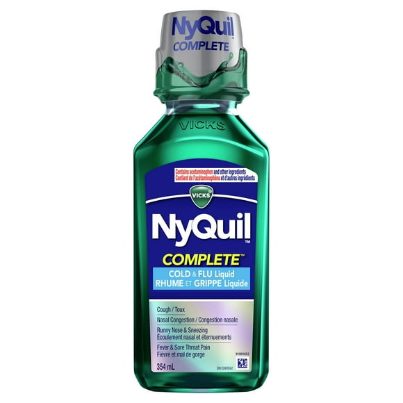 Vicks NyQuil COMPLETE Cold, Flu, and Congestion Medicine, Original Flavor, Maximum Strength, Relieves Nighttime Cough, Sore Throat Pain, Fever, Congestion, Fever, Runny Nose, 354 mL