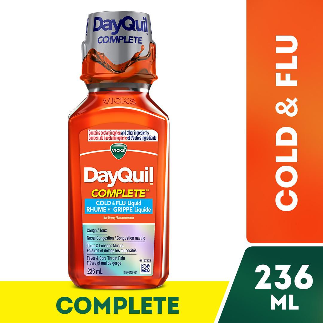 Vicks DayQuil COMPLETE Cold and Flu Medicine, 236 mL, Maximum Strength, Relieves Cough, Sore Throat Pain, Fever, Congestion