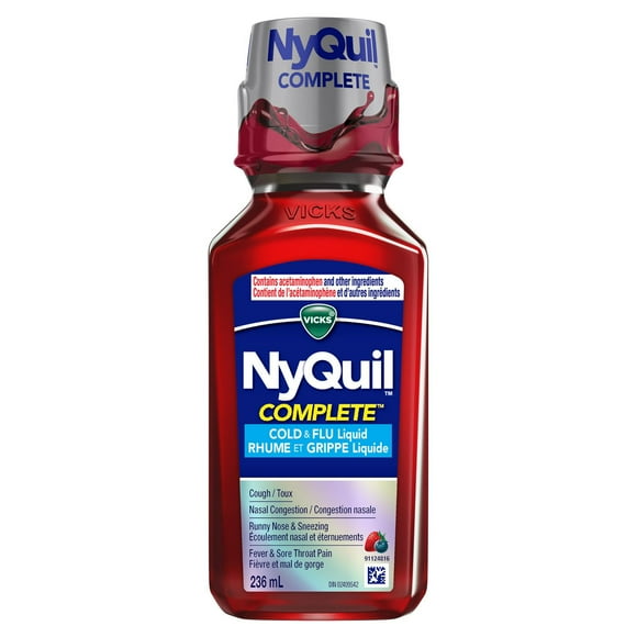 Vicks NyQuil COMPLETE Cold, Flu, and Congestion Medicine, Berry Flavour, Maximum Strength, 236 mL