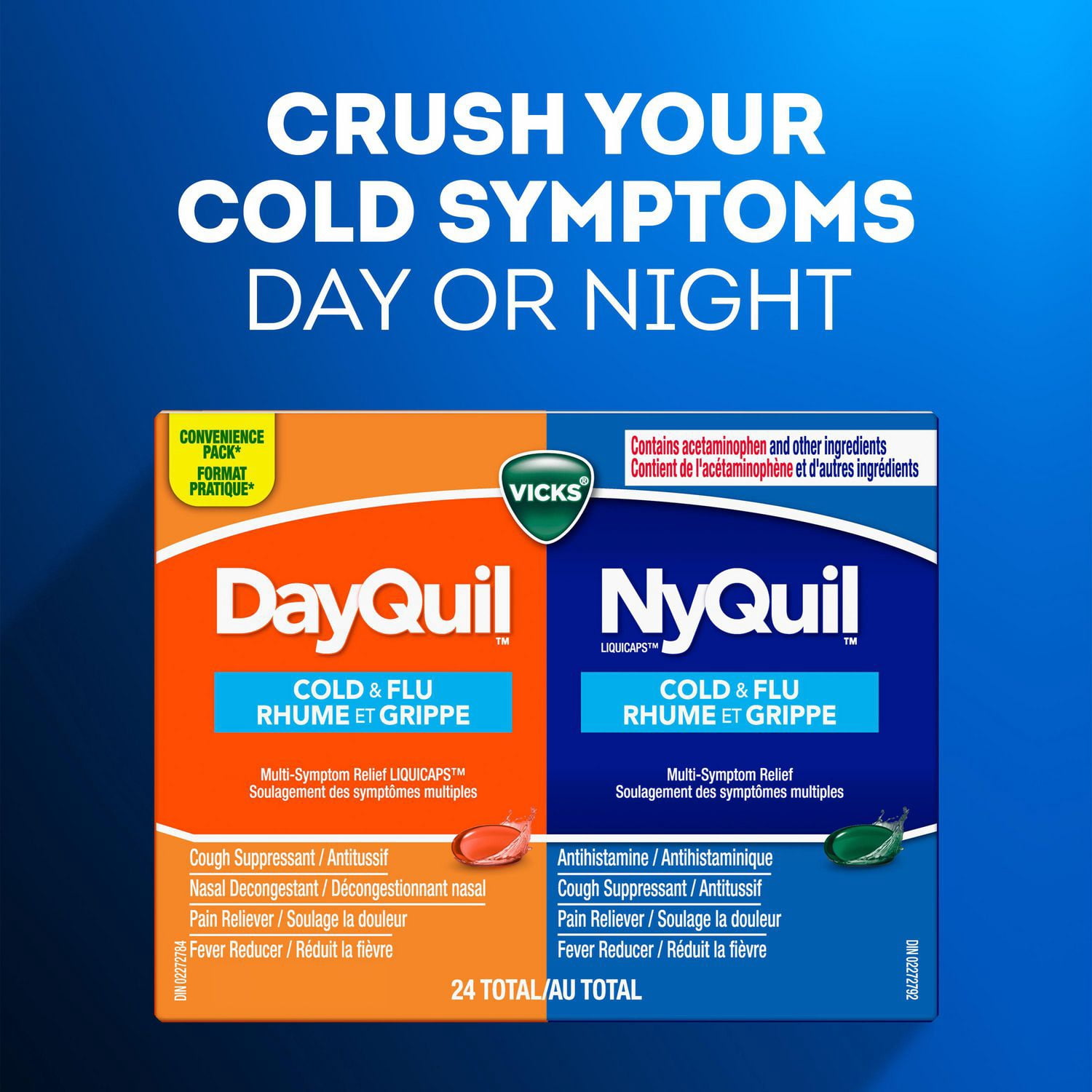 Vicks DayQuil and NyQuil Cold and Flu Symptom Relief, Liquicap Medicine, Multi-Symptom Daytime and Nighttime Relief for Headache, Fever, Sore Throat Pain, Minor Aches and Pains, and Cough, Convenience