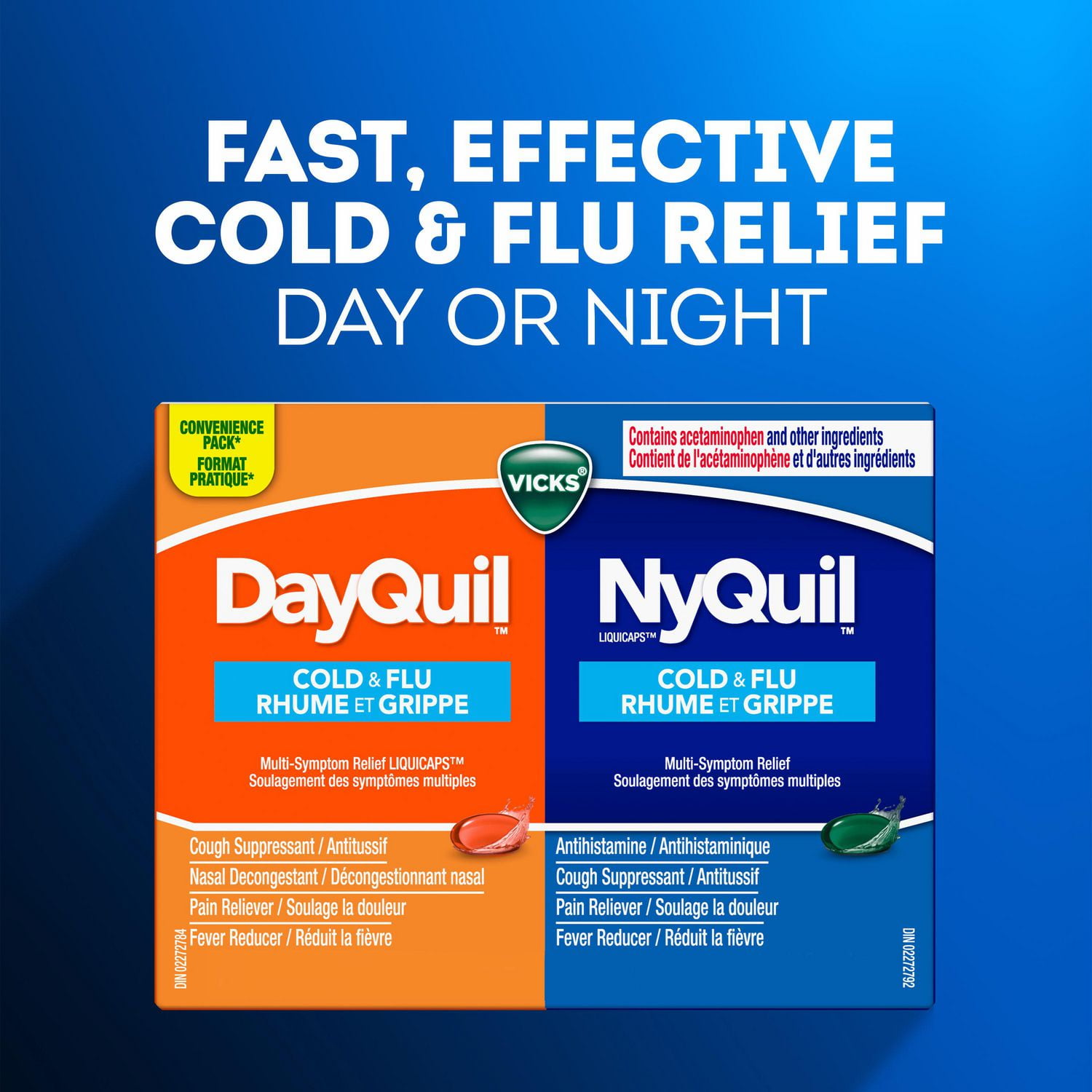Vicks DayQuil and NyQuil Cold and Flu Symptom Relief, Liquicap Medicine, Multi-Symptom Daytime and Nighttime Relief for Headache, Fever, Sore Throat Pain, Minor Aches and Pains, and Cough, Convenience