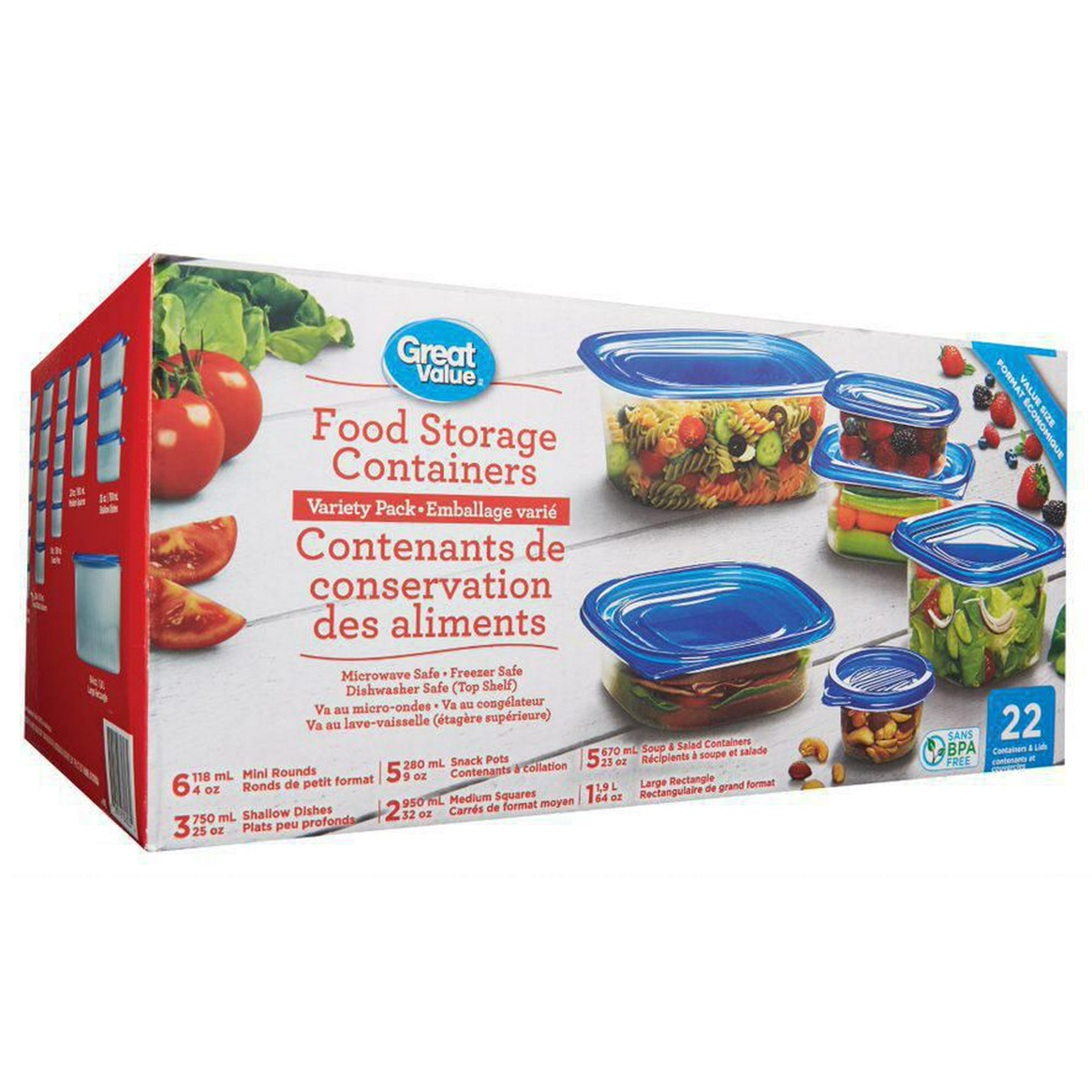 Great Value Food Storage Containers Variety Pack, 22 containers