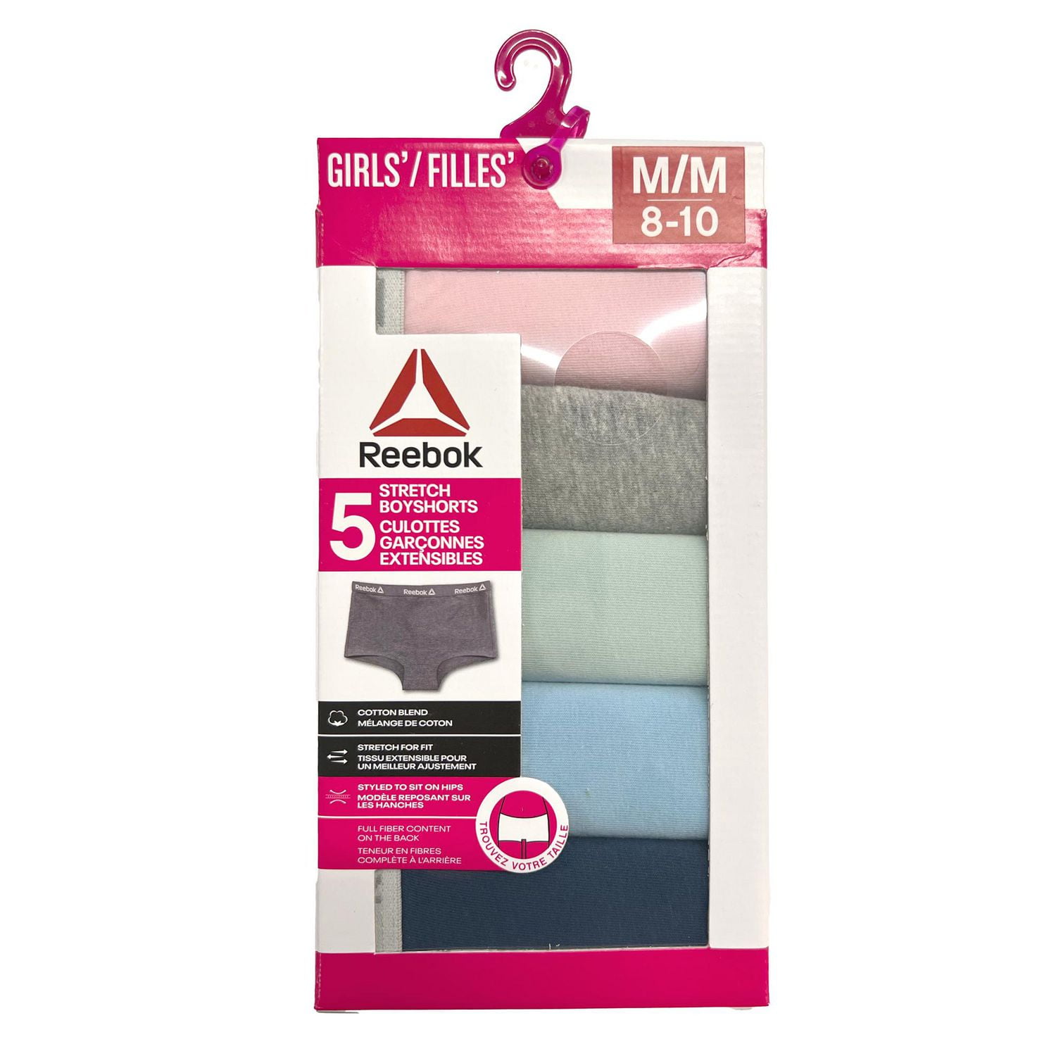 Reebok Girls' 5 Pack Cotton Stretch Boyshort, Size S-XL
