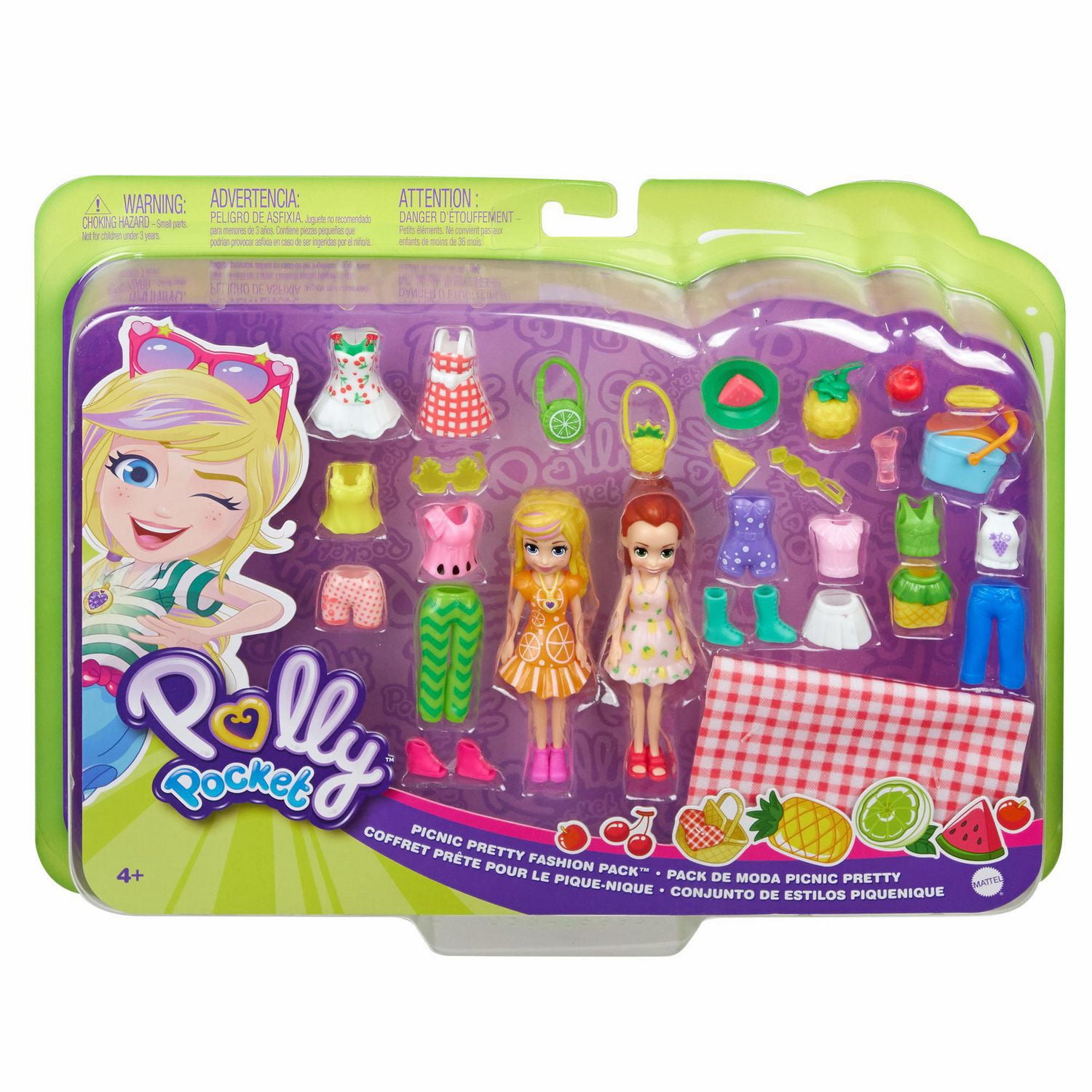 ​Polly Pocket Picnic Pretty Fashion Pack with 3-in/7.62-cm Polly & Lila  Dolls, 10 Outfits, 2 Pairs Shoes,2 Purses, Locket, Picnic Blanket, Picnic