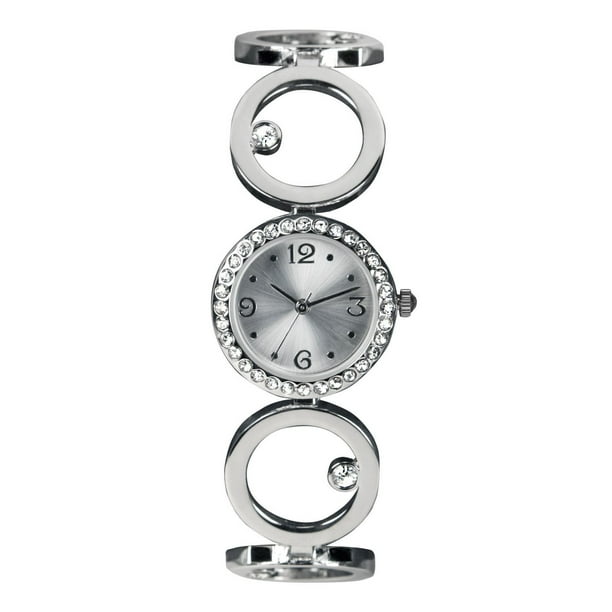Montre de forme ronde pour dame de couleur argent avec bracelet en chainon comprenant des accents de cristal