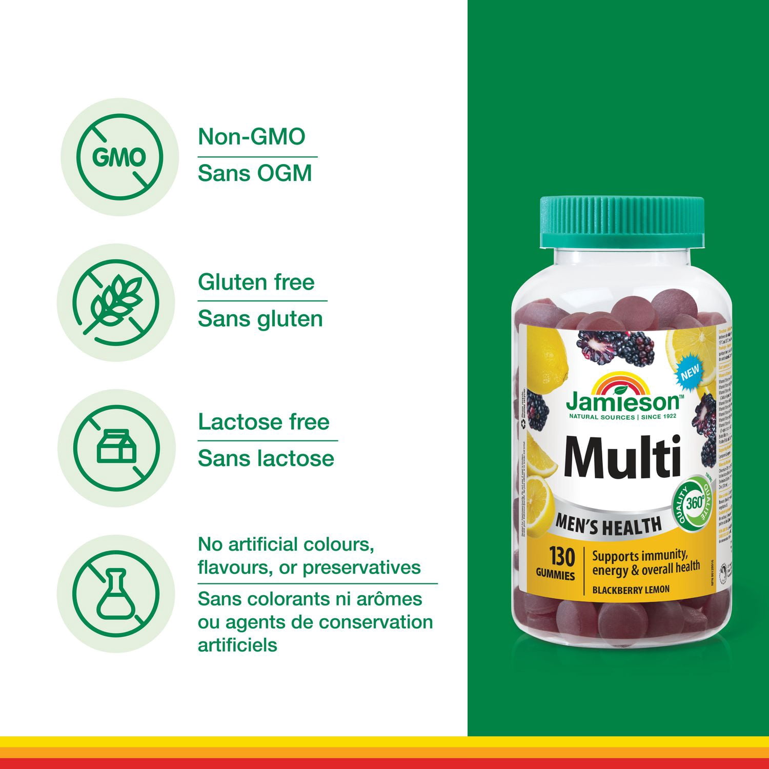 Jamieson gummies multivitamines pour hommes, mûre citron, 130 gummies