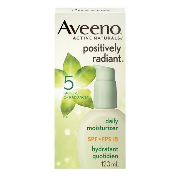 Aveeno Positively Radiant Hydratant quotidien FPS 15 avec extrait de soja, Hydratant avec écran solaire, Sans huile, hypoallergénique et non comédogène, 120 ml