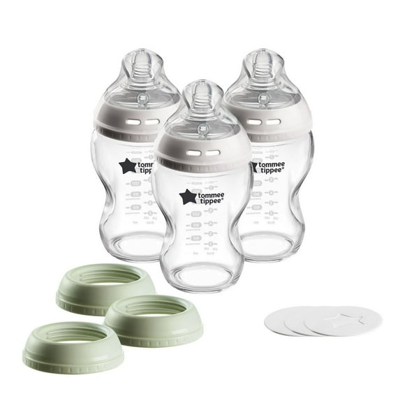 Ensemble de biberons, gobelets et bocaux en verre Tommee Tippee Natural Start 3 utilisations, 266 mL (9 oz), tétine à débit lent pour une succion naturelle, couvercles étanches pour bocaux alimentaires de voyage
