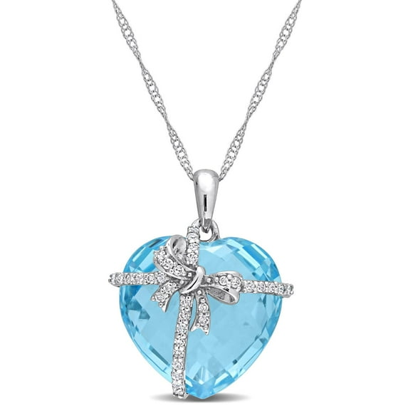 Miabella 14-1/2 Carat T.G.W. Sky Blue Topaz and 1/8 Carat T.W. Diamond 10K White Gold Herat Ribbon Necklace