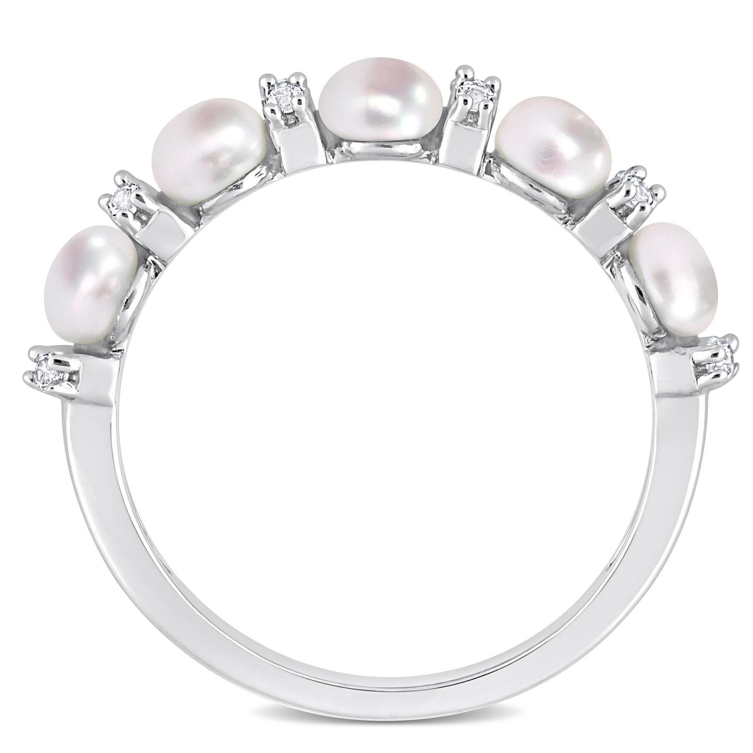 Miabella Freshwater Cultured Pearl and 1/8 Carat T.G.W. White Topaz Sterling Silver Anniversary Ring