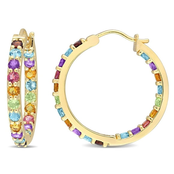 Miabella 2-3/4 Carat T.G.W. Multi-Color Gemstones Yellow Rhodium-Plated Sterling Silver Inside Outside Hoop Earrings