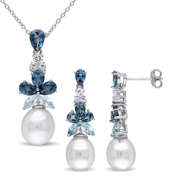 Ensemble de 2-bijoux, Boucles d'oreilles pendantes et collier Miabella avec des Perles cultivées, Topaze Bleue, Topaze Blanche en Argent Sterling