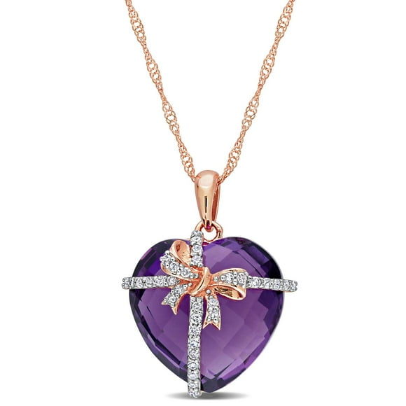 Miabella 12 Carat T.G.W. Amethyst and 1/8 Carat T.W. Diamond 10K Rose Gold Heart Ribbon Necklace
