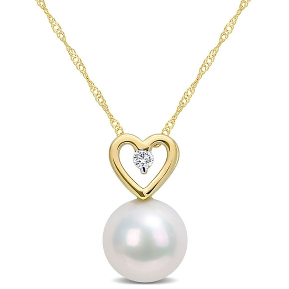 Miabella Freshwater Cultured Pearl and Diamond Accent 10K Yellow Gold Heart Drop Necklace