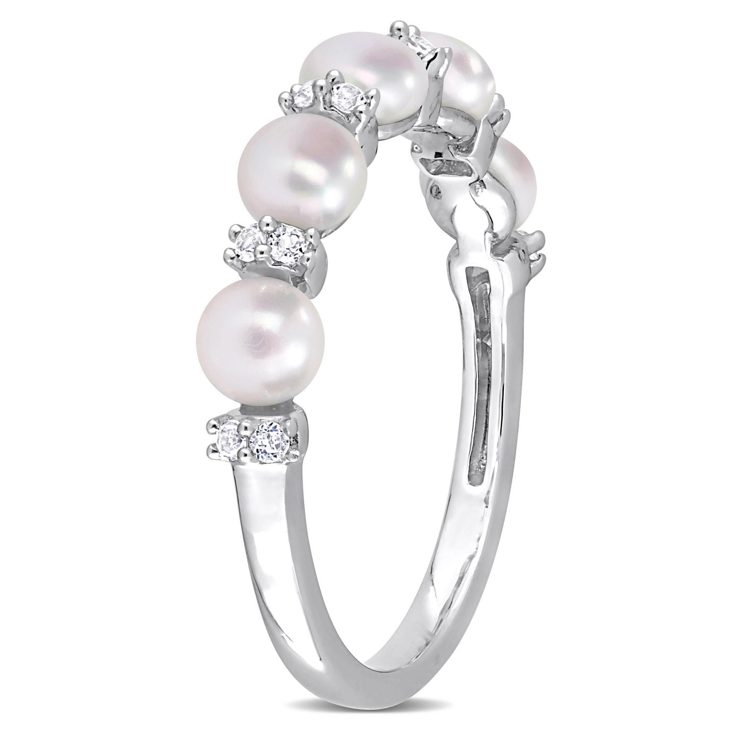Miabella Freshwater Cultured Pearl and 1/8 Carat T.G.W. White Topaz Sterling Silver Anniversary Ring