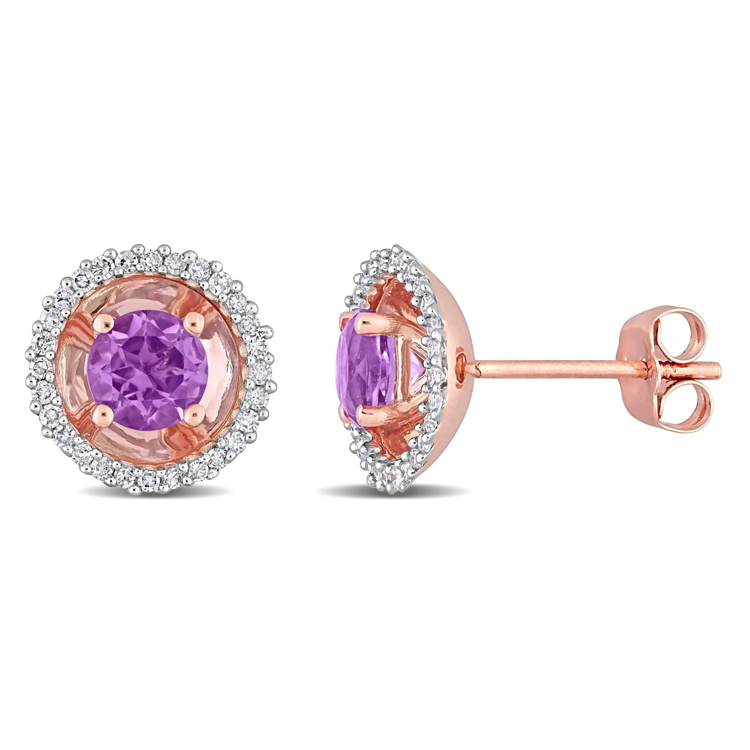Clous d’oreilles à auréole circulaire Miabella avec 4/5 Carat PBT d’Améthyste et 1/4 Carat poids total de Diamant en Or Rose 10kt