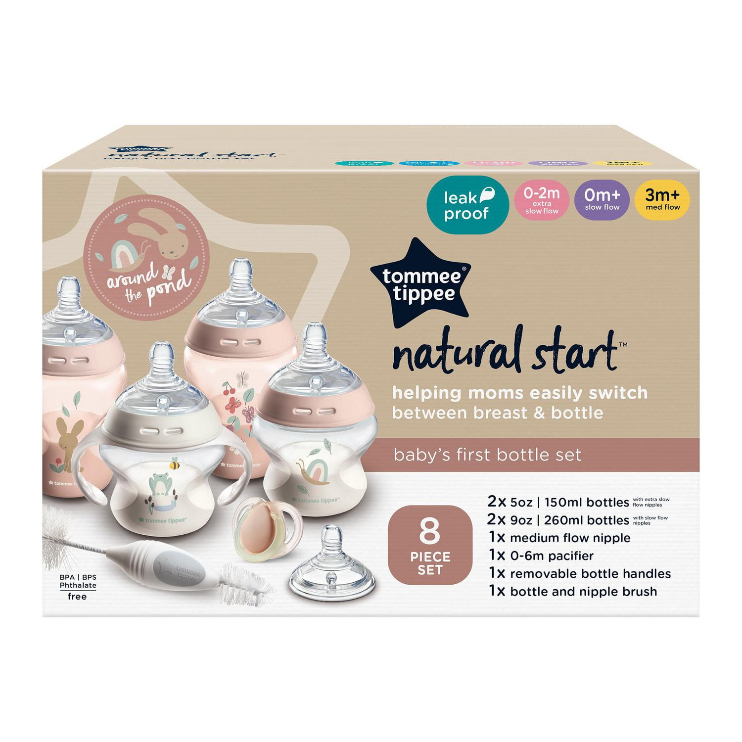 Tommee Tippee Natural Start Baby’s First Bottle Set, 2 x 5oz and 2 x 9oz Anti-Colic Bottles, Slow and Medium Flow Nipples, 0-6 month Pacifier, Self-Sterilizing, Pink