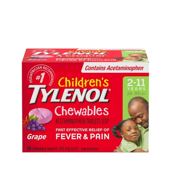Comprimés d’acétaminophène à croquer Enfants, Fièvre et douleur, 160 mg, Raisin 20 Comprimés