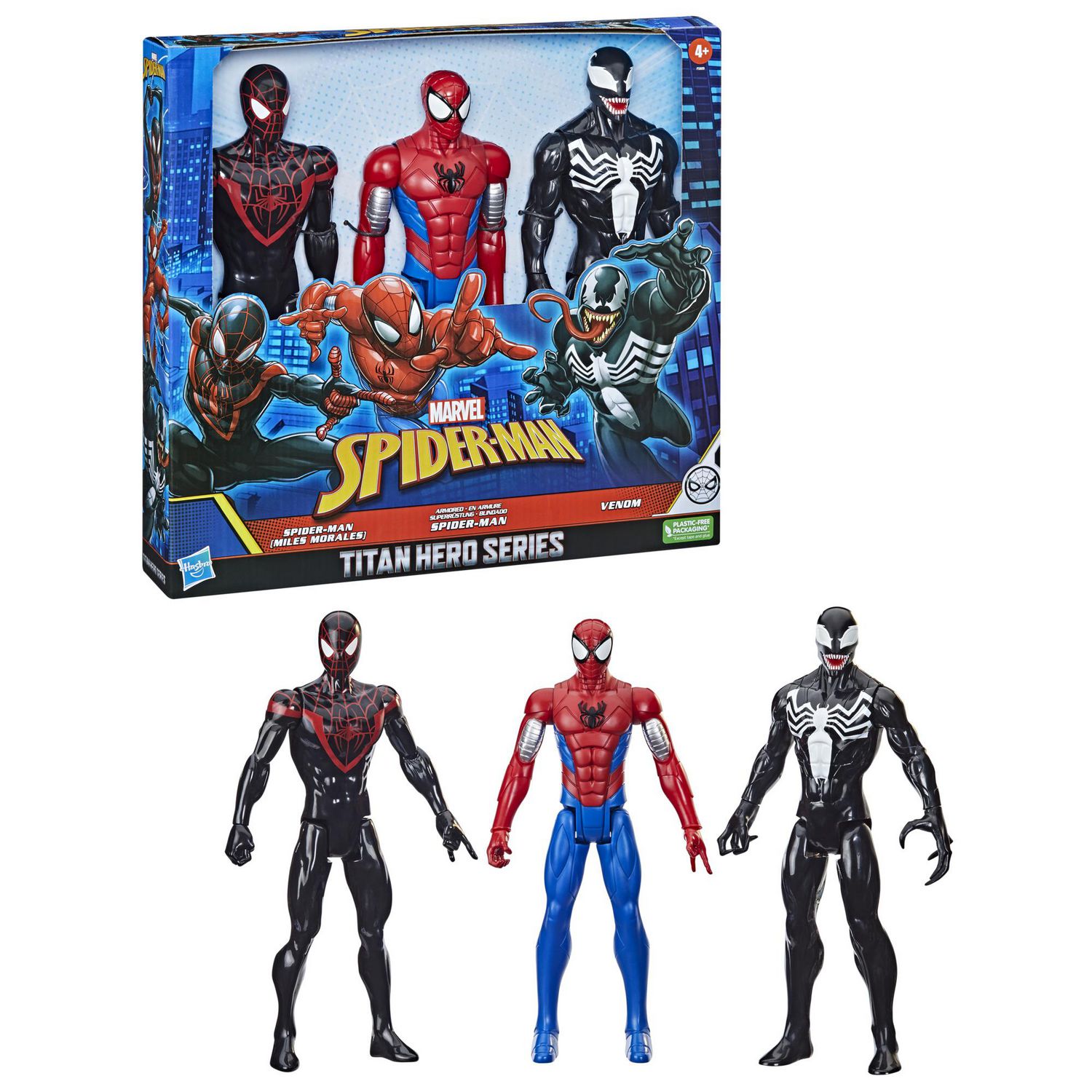 Marvel Spideman Titan Hero Series 3-Figure Pack - Features Miles Morales,  Spiderman & Venom with Blast Gear, Ages 4 and Up