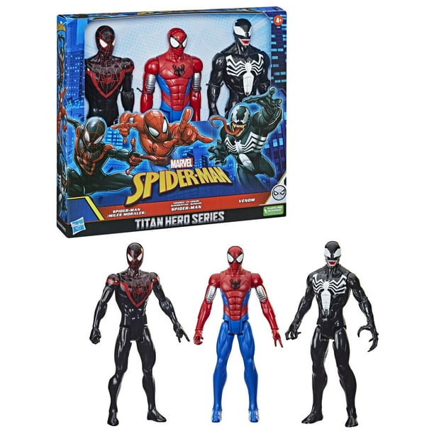 Marvel Spider-Man Titan Hero Series, pack de 3 figurines de 30 cm avec  Spider-Man (Miles Morales), Spider-Man en armure et Venom, dès 4 ans 