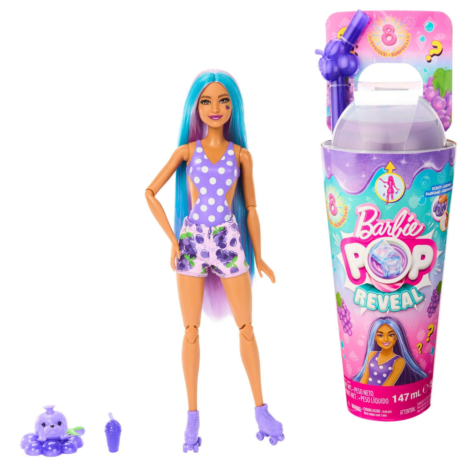 Barbie Pop Reveal Fruit Series Grape Fizz Doll 8 Surprises Include Pet Slime Scent Color Change Walmart