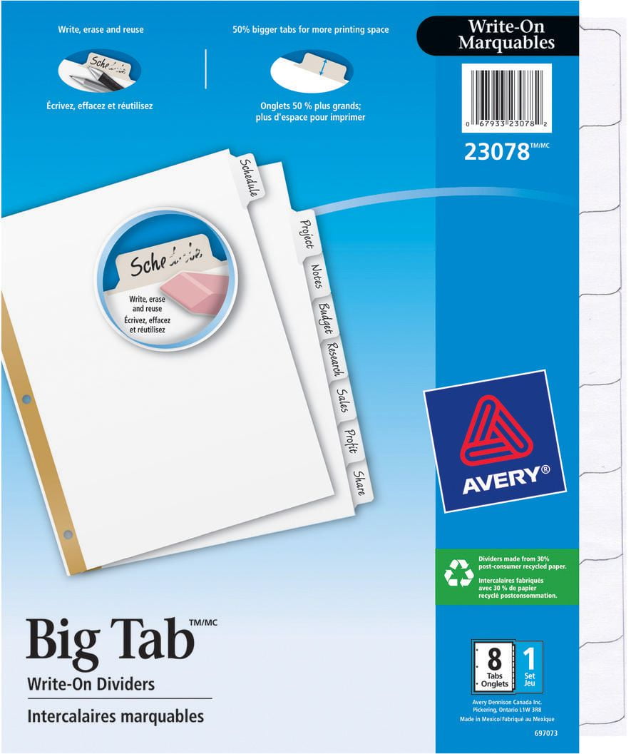 Avery® Big Tab™ WriteOn Dividers 23078, 8Tab Set Walmart Canada