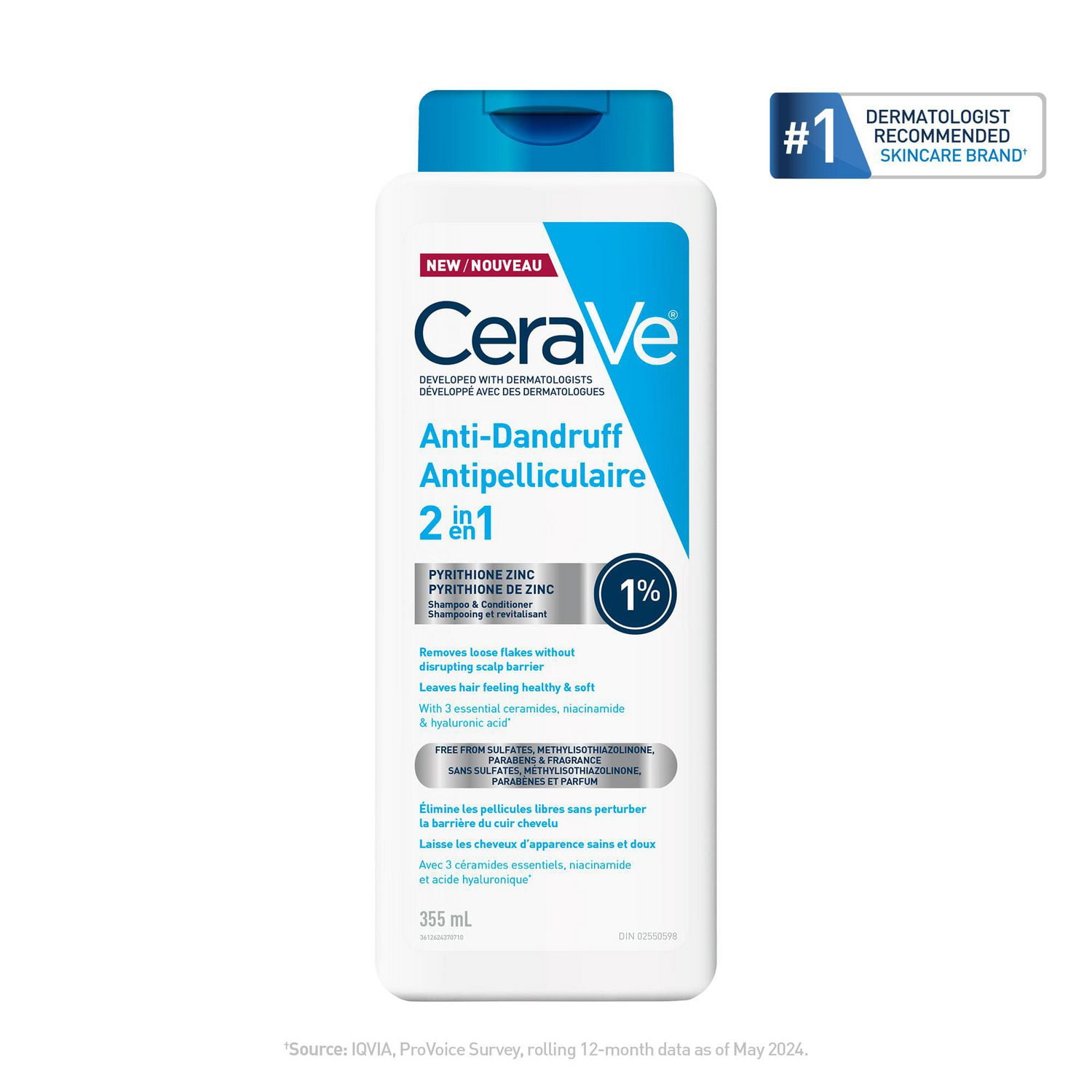 CeraVe 2-en-1 shampooing et revitalisant hydratant antipelliculaire pour hommes et femmes, nettoie en douceur le cuir chevelu et les cheveux tout en réduisant les pellicules, les démangeaisons et l'irritation, 355mL Réduit les pellicules