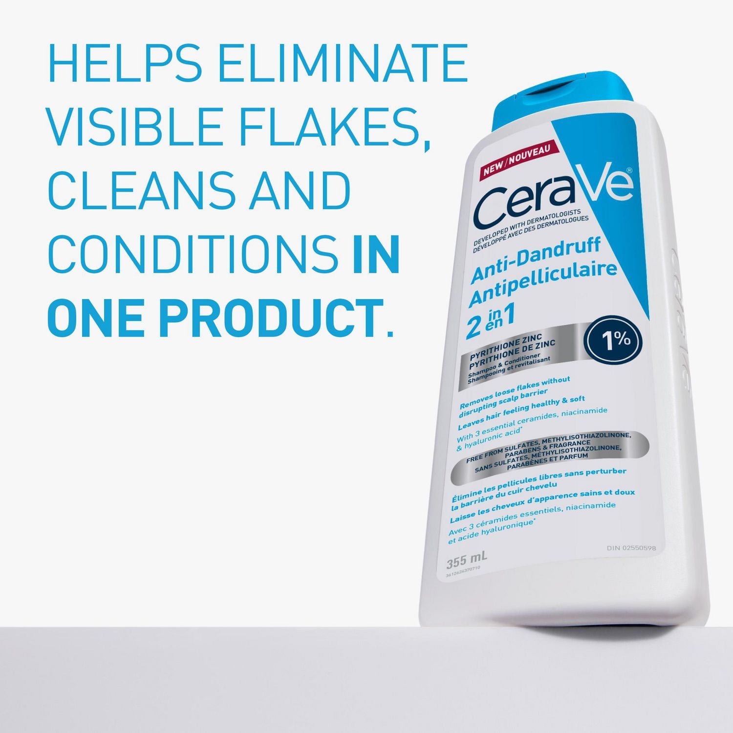 CeraVe 2-en-1 shampooing et revitalisant hydratant antipelliculaire pour hommes et femmes, nettoie en douceur le cuir chevelu et les cheveux tout en réduisant les pellicules, les démangeaisons et l'irritation, 355mL Réduit les pellicules