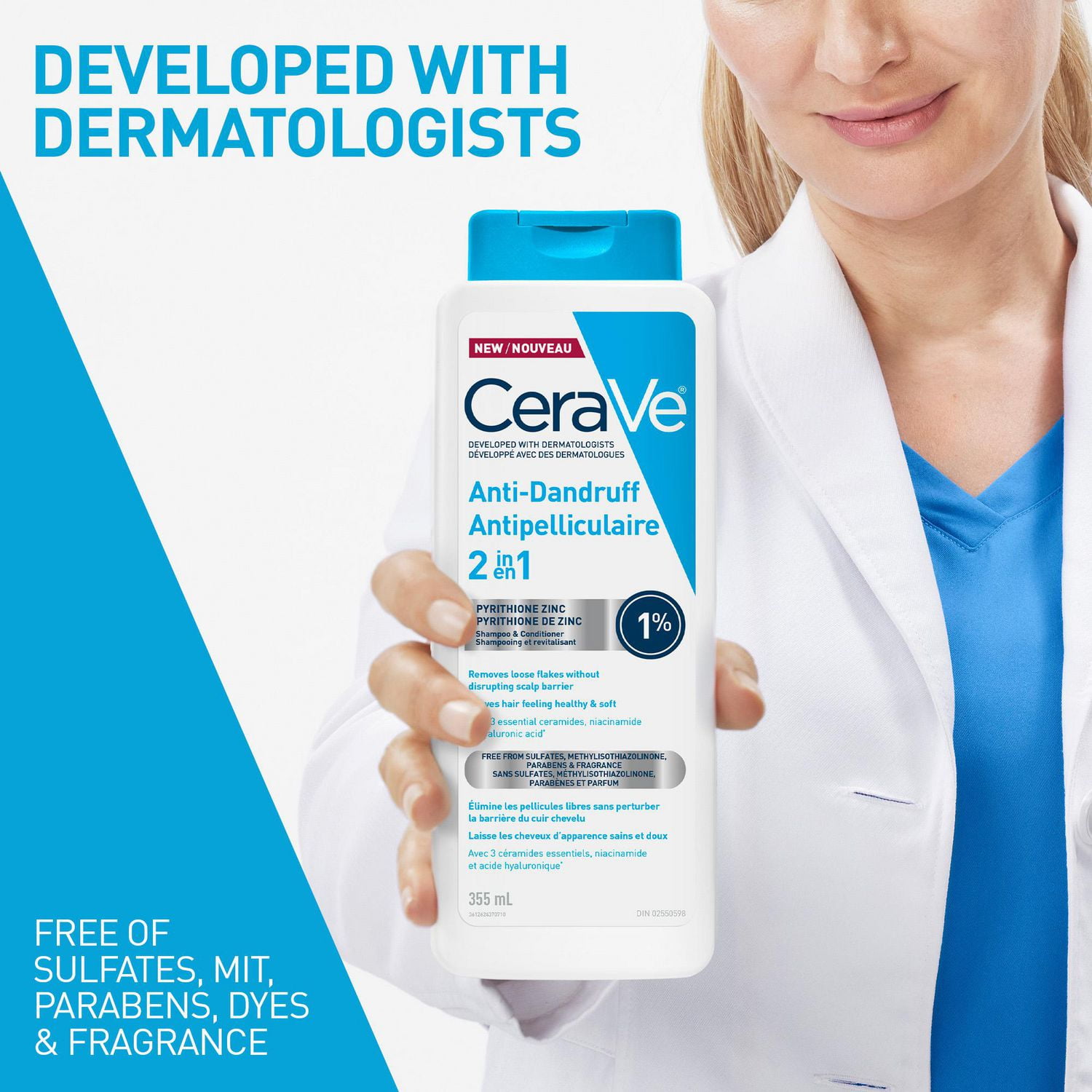 CeraVe 2-en-1 shampooing et revitalisant hydratant antipelliculaire pour hommes et femmes, nettoie en douceur le cuir chevelu et les cheveux tout en réduisant les pellicules, les démangeaisons et l'irritation, 355mL Réduit les pellicules