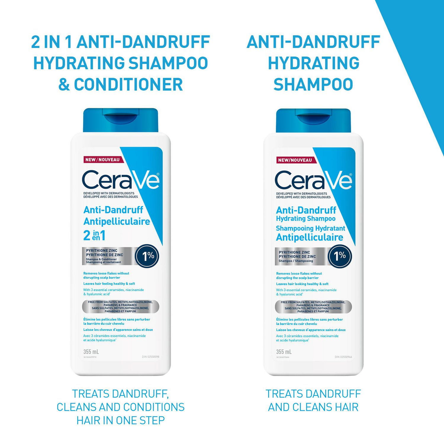 CeraVe 2-en-1 shampooing et revitalisant hydratant antipelliculaire pour hommes et femmes, nettoie en douceur le cuir chevelu et les cheveux tout en réduisant les pellicules, les démangeaisons et l'irritation, 355mL Réduit les pellicules