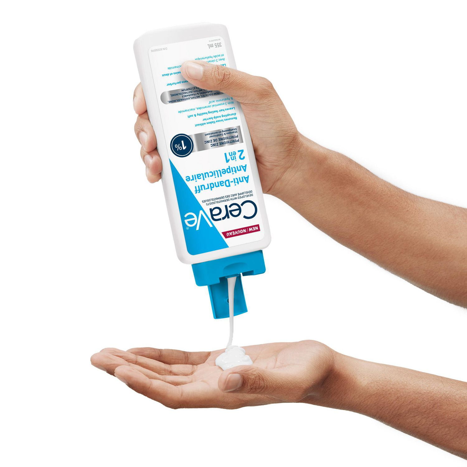 CeraVe 2-en-1 shampooing et revitalisant hydratant antipelliculaire pour hommes et femmes, nettoie en douceur le cuir chevelu et les cheveux tout en réduisant les pellicules, les démangeaisons et l'irritation, 355mL Réduit les pellicules