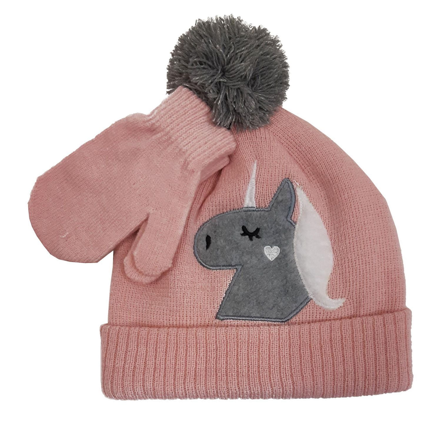 Hat with an unicorn applique with self pom and mitten