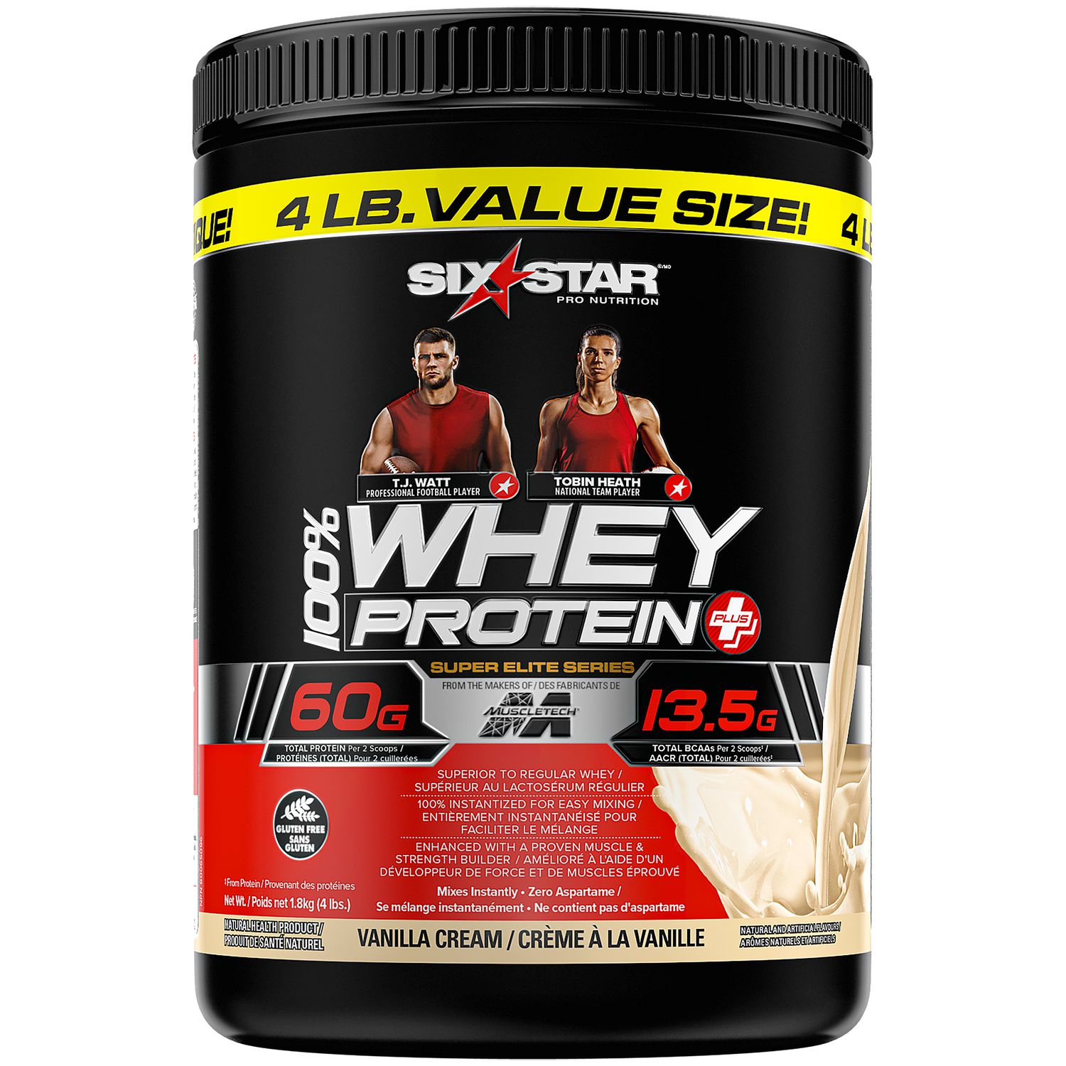 Six Star 100% Whey Protein Plus, Whey Protein Powder + Creatine Monohydrate, Whey Protein Isolate & Peptides, Lean Protein Powder for Muscle Gain, Whey Isolate Protein Shake, Vanilla, 4 lbs