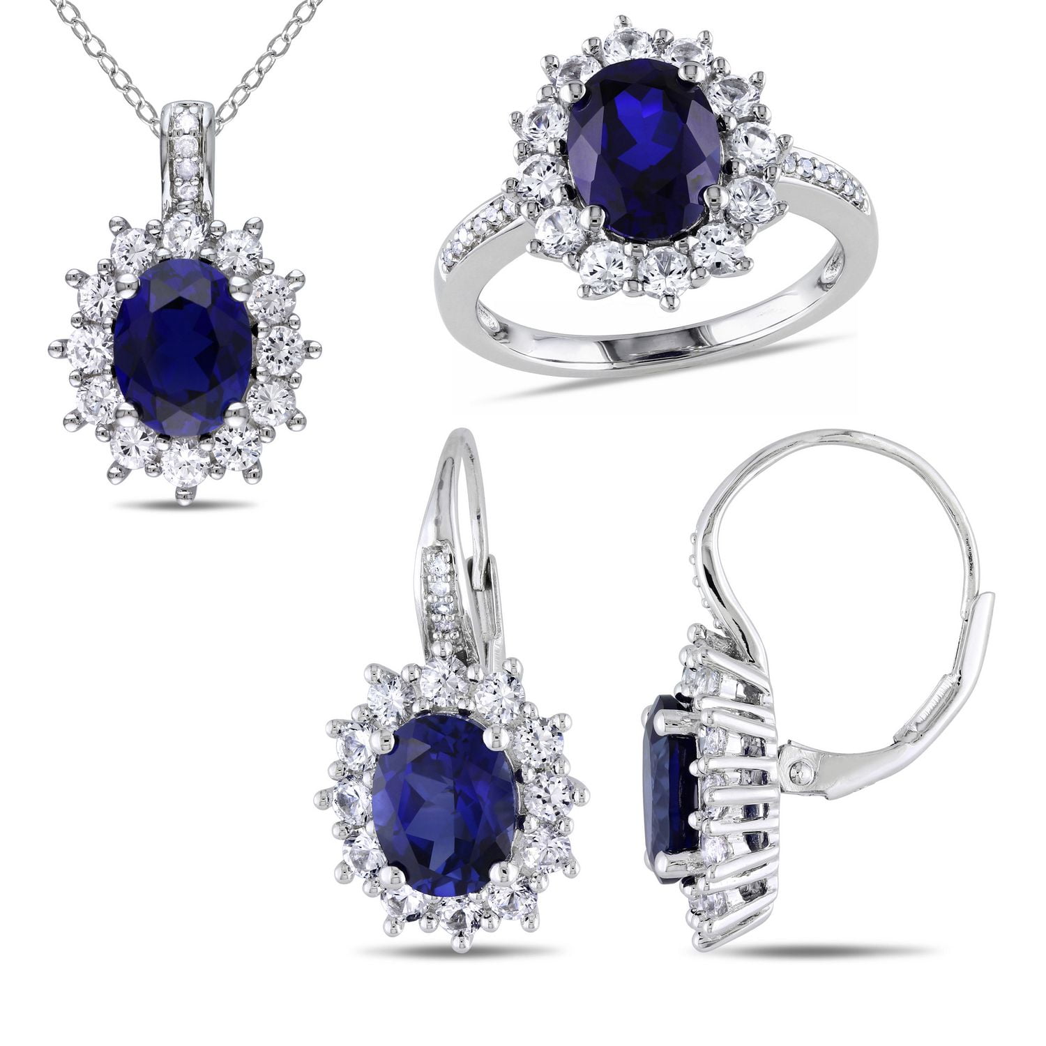 Ensemble de pendentif, boucles d'oreille et bague Tangelo avec saphirs bleus et blancs synthétiques 16-1/8 CT PBT et accents de diamants en argent sterling