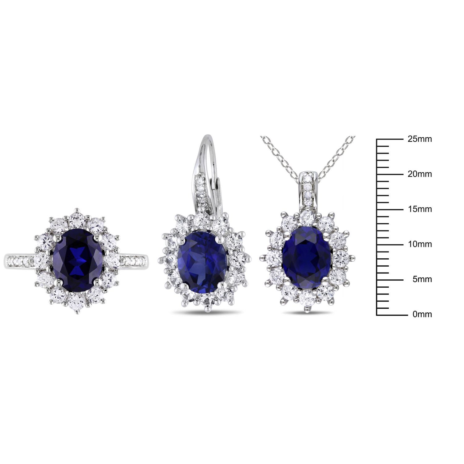 Tangelo 16-1/8 Carat T.G.W. Created Blue And White Sapphire Diamond-Accent Sterling Silver HALO Earrings, Pendant And Ring Set