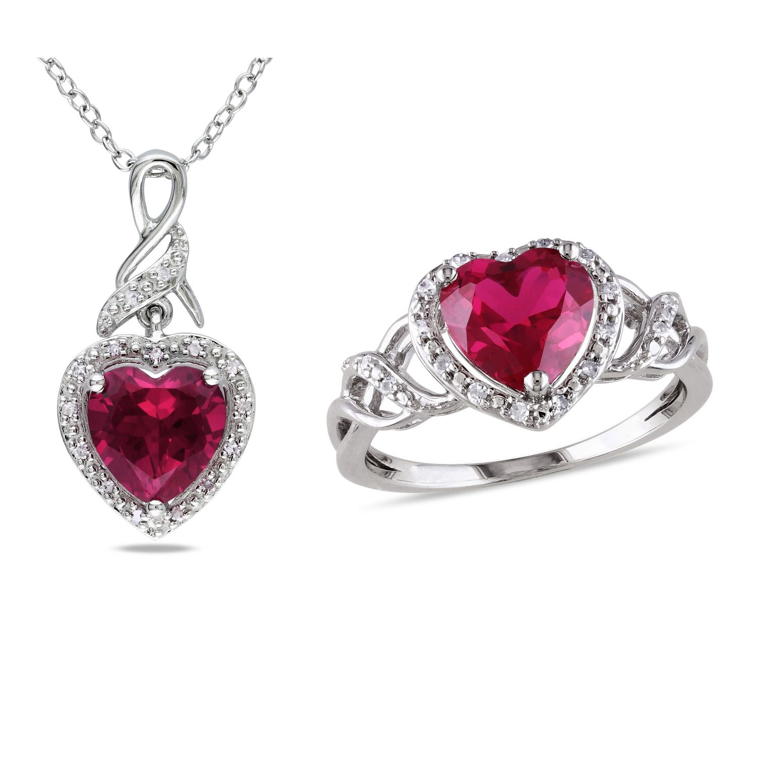 Tangelo 4-1/2 Carat T.G.W Created Ruby and 1/7 Carat T.W Diamond Sterling Silver Heart Pendant and Ring Set