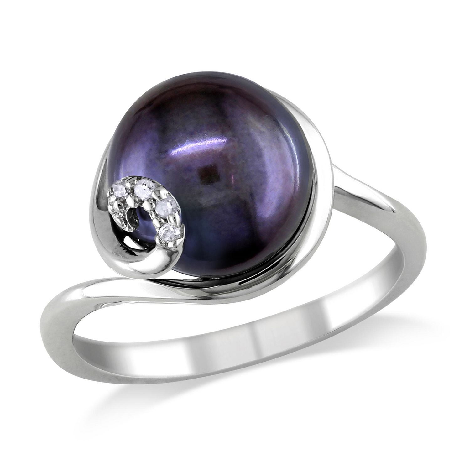 Asteria 9-9.5mm Black Cultured Freshwater Pearl And Diamond-Accent Sterling Silver Swirl Ring