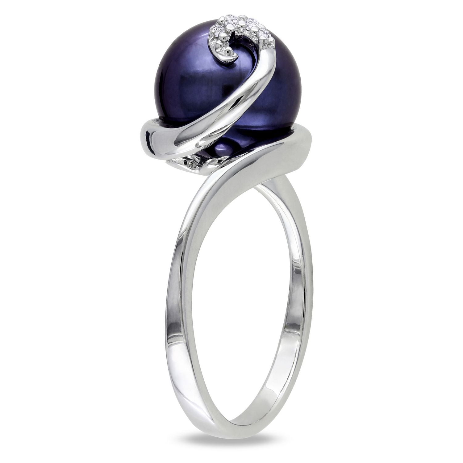 Asteria 9-9.5mm Black Cultured Freshwater Pearl And Diamond-Accent Sterling Silver Swirl Ring