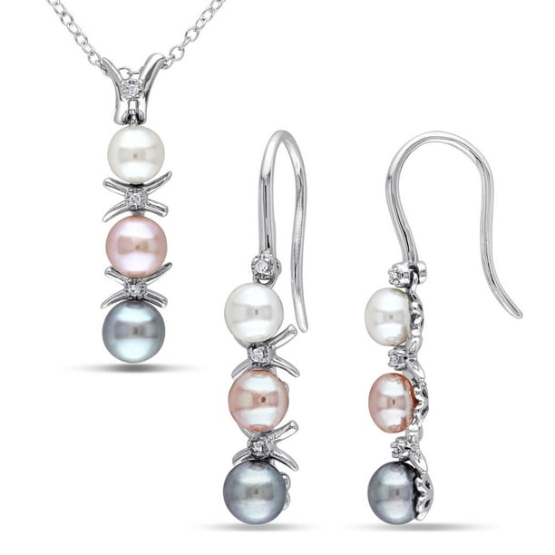 Ensemble de boucles d'oreille et pendentif Tangelo avec perles d'eau douce cultivées 4-6mm multicolores et accents de diamants en argent sterling