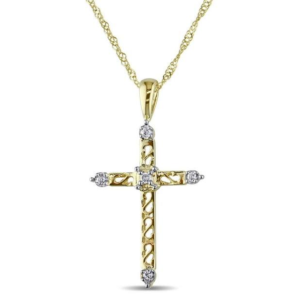 Pendentif de forme croix Miabella en or jaune 14K avec accents de diamants, 17 po