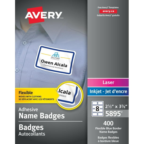 Avery® Badges flexibles pour imprimantes à laser ou jet d'encre, Bleu Bordure, 3⅜" x 2⅓"