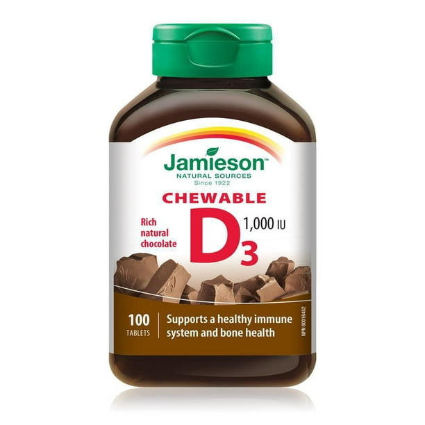 Jamieson Vitamine D3 à Croquer 1 000 UI - Arôme naturel de chocolat 100 comprimés à croquer