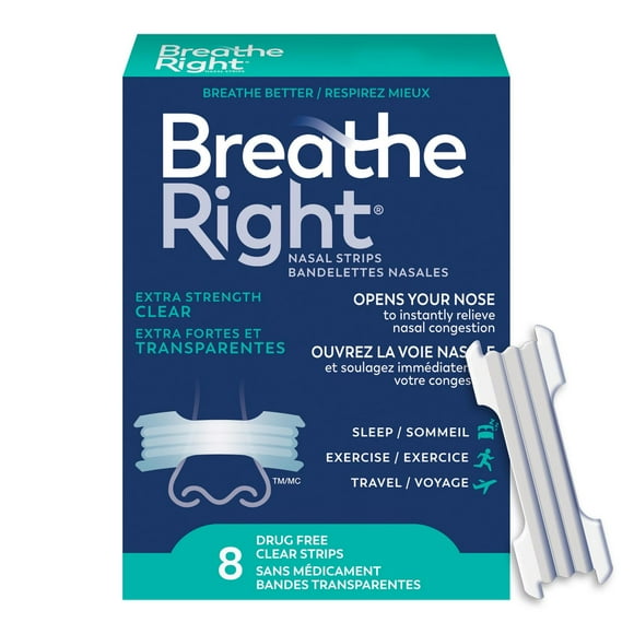 Breathe Right Bandelettes nasales Transparentes, Plus fortes | Soulage instantanément la congestion nasale | Sans médicament 8 bandelettes transparentes