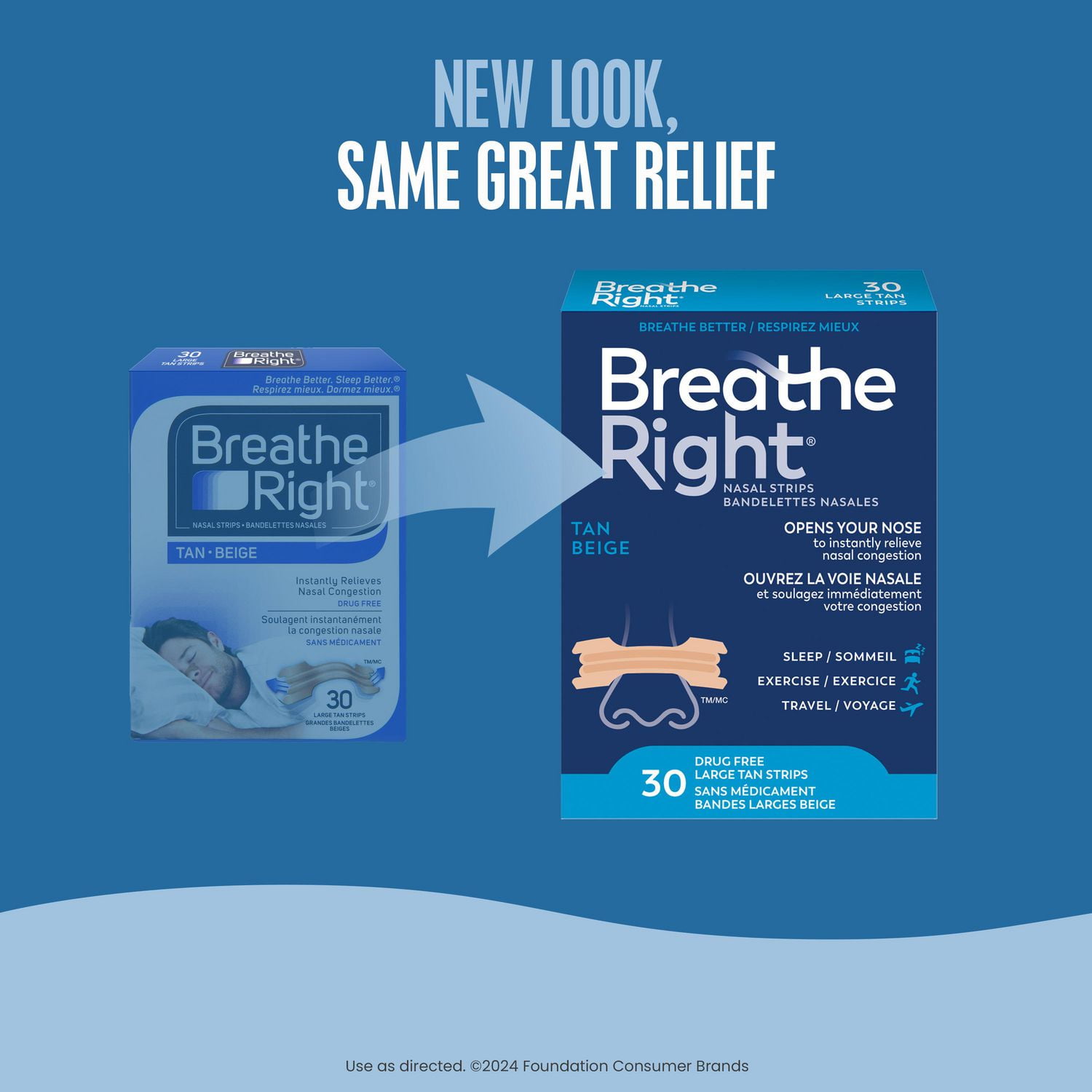 Breathe Right grandes bandelettes nasales Beige | Soulage instantanément la congestion nasale | Sans Médicament 30 Grandes Bandelettes Beiges