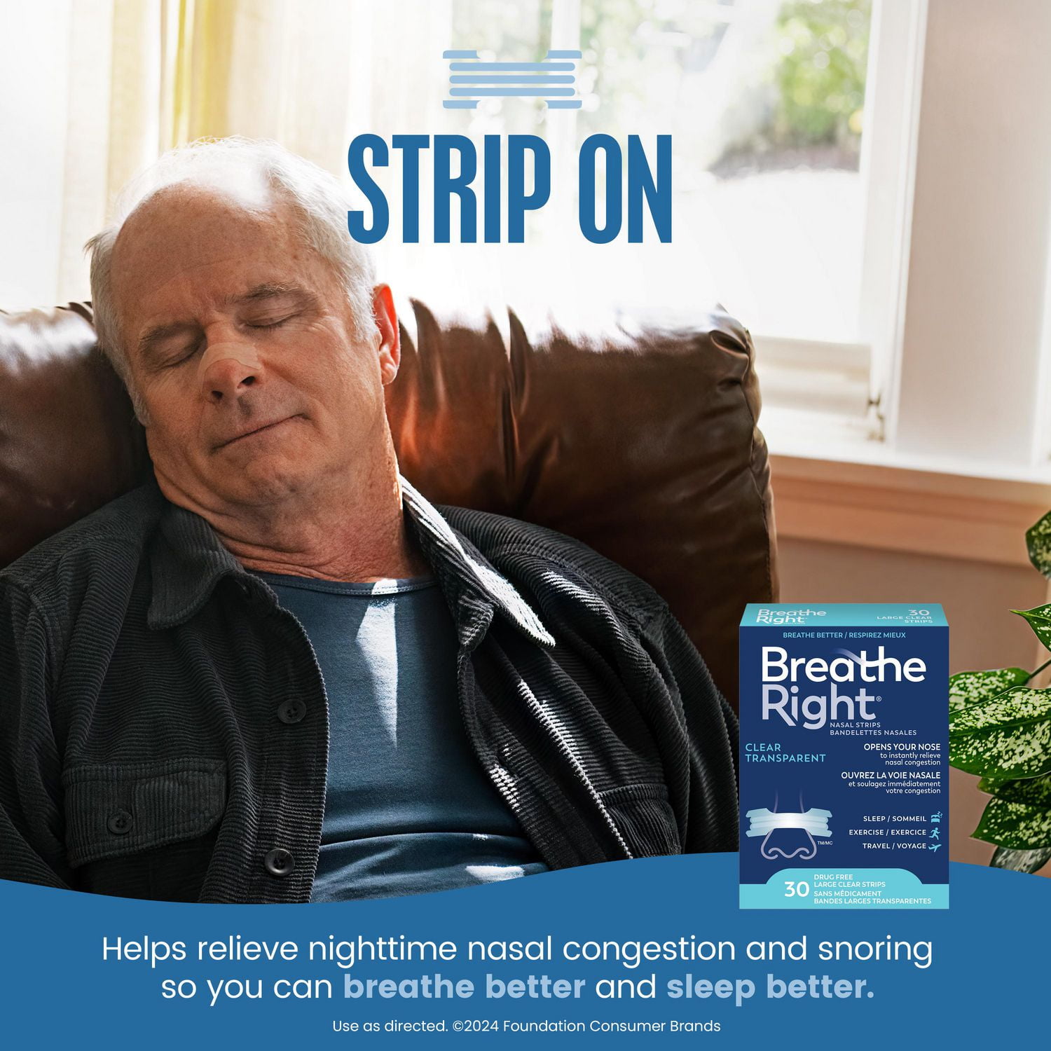 Breathe Right Nasal Strips Clear Large | Effective, drug-free and easy-to-apply, 30 Large Clear Strips